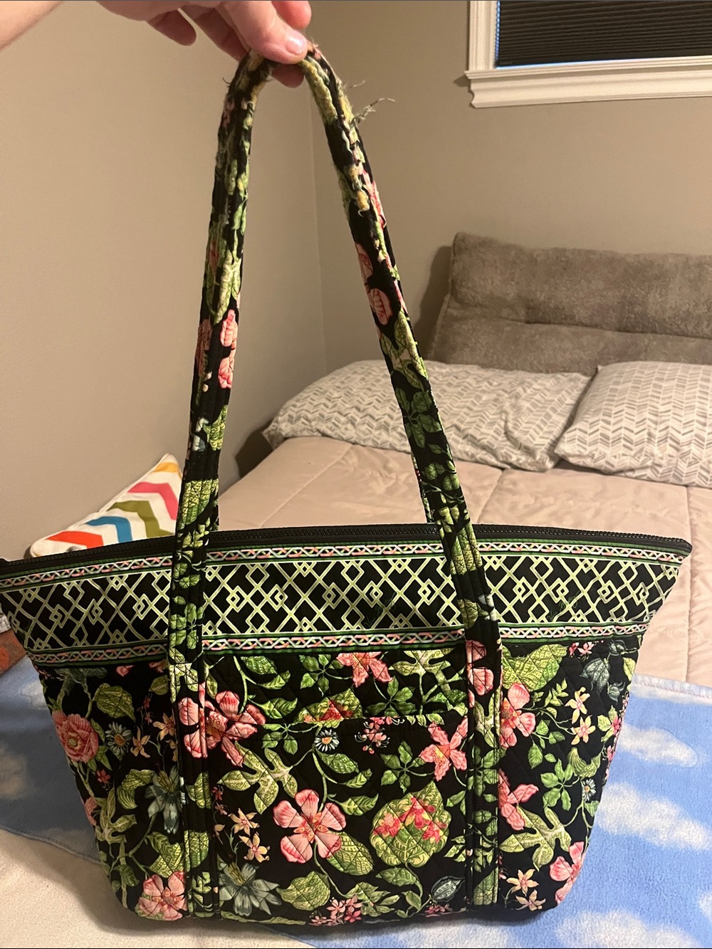 Vera Bradley Black Floral Quilted Shoulder Tote with Pink and Green Accents - Picture 2 of 4